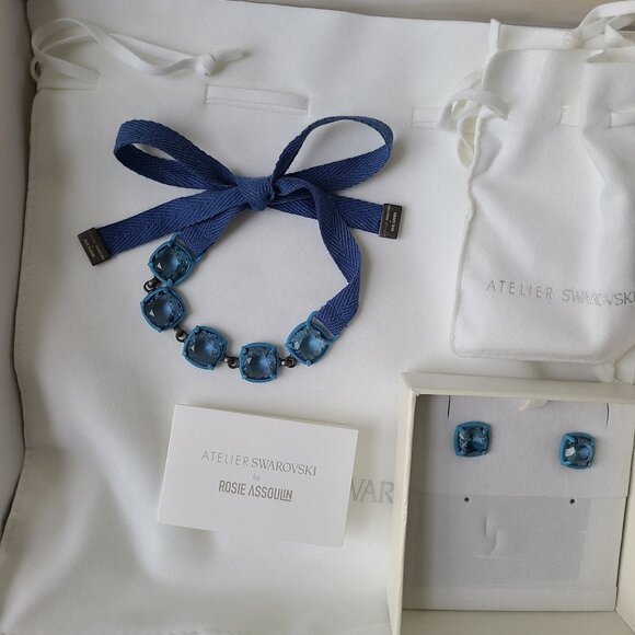 Atelier Swarovski Rosie Assoulin Small Pierced Earrings Blue with bracelet EHTF - Picture 1 of 6